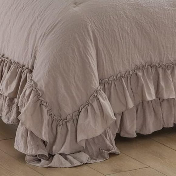 Ecru King Size Bed Comforter Set Taupe Shabby Chic Ruffle Bedding Stone Washed - Picture 2 of 10